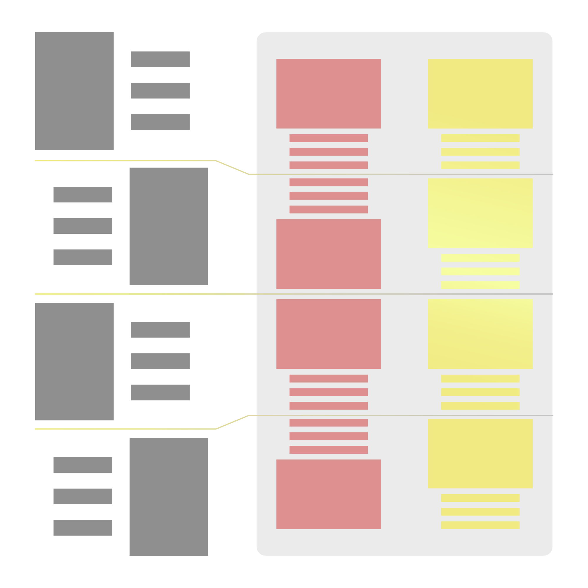 Medien und Text Block | Links in Grau ist die Desktopansicht, in der Mitte in Rot ist das Standardverhalten wenn es auf mobilen Geräten gestapelt werden soll, wie ich mir das ganze gewünscht habe siehst du rechts in Gelb 