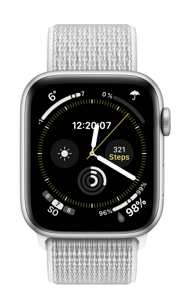 Silberne Apple Watch mit dem Infograph Ziffernblatt