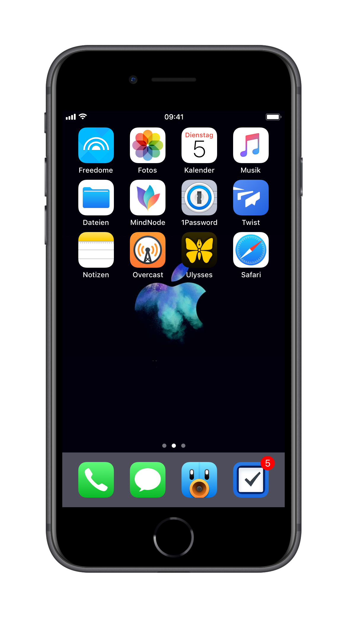 iPhone 6s Screenshot der ersten Seite mit wenigen Ordnern und App-Icons.