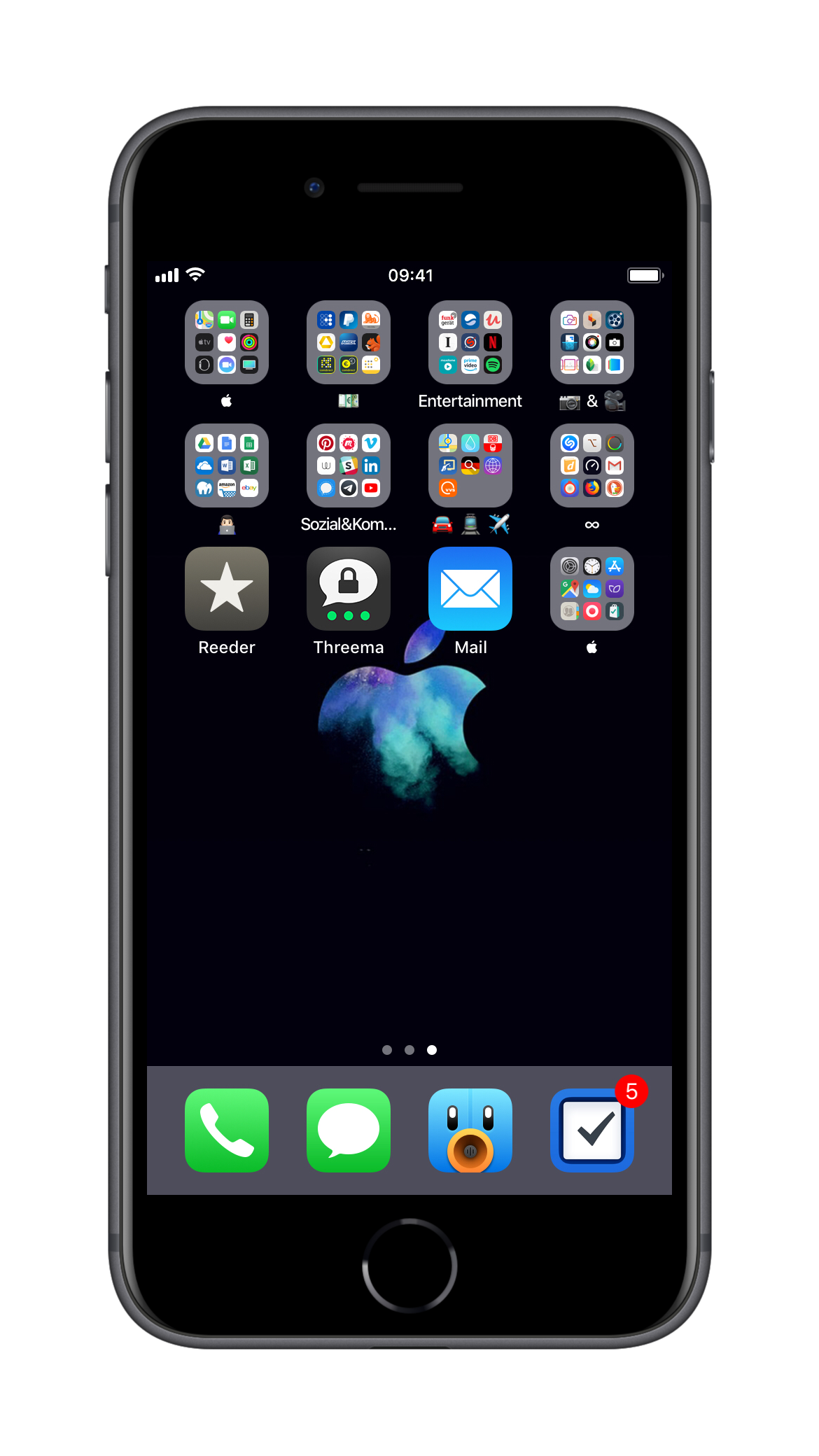iPhone 6s Screenshot der zweiten Seite mit wenigen Ordnern und App-Icons.