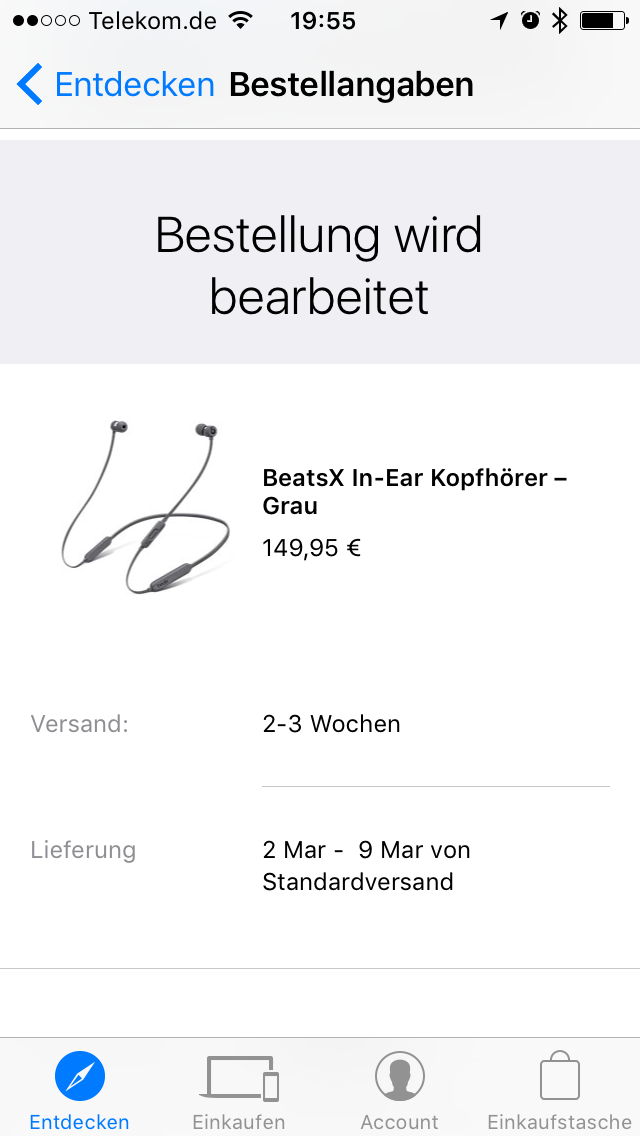 Die neuen Bluetooth Kopfhörer Beats X sind bestellt. Lieferzeit aktuell zwischen 2 und 3 Wochen.